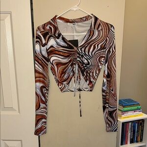 Fashion Nova Brown and White Long Sleeve Crop Blouse